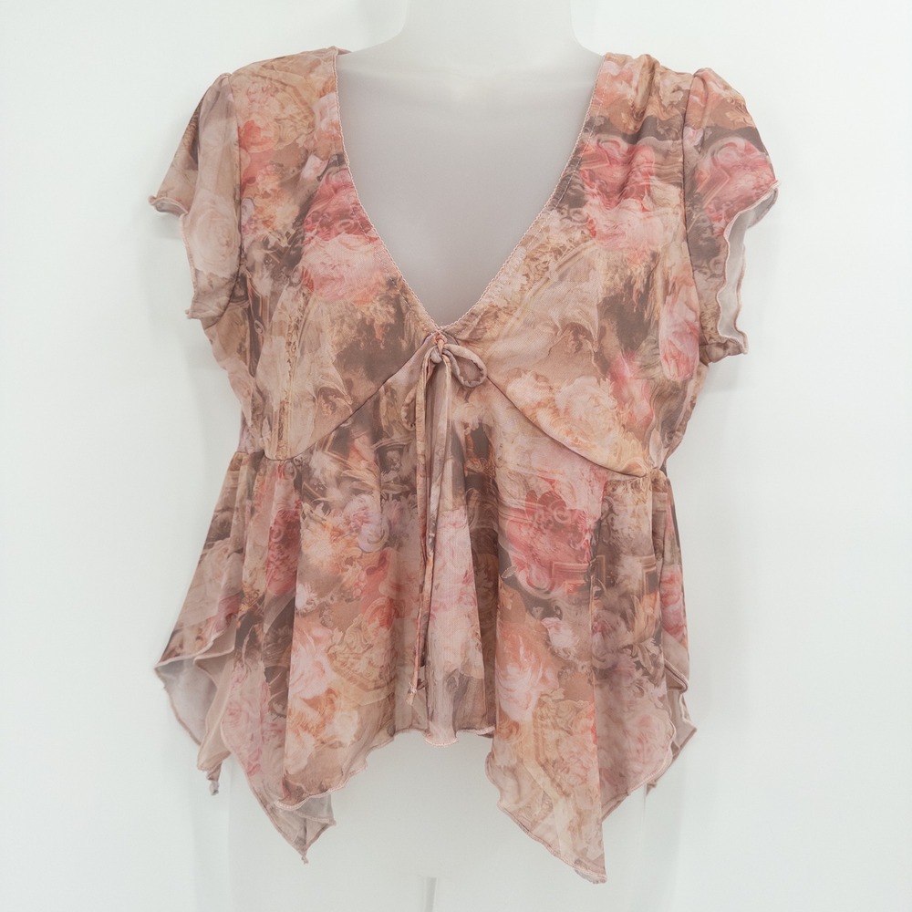 Y2K Madden Girl Babydoll Top Large Pink Floral Fairycore Romantic Sheer Party